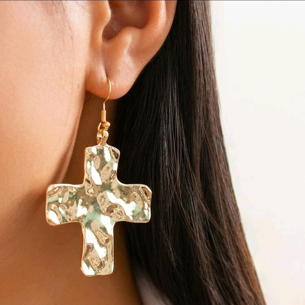 Gold Hammered Cross Earrings
